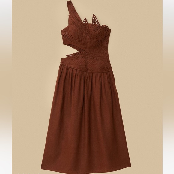 Farm Rio Burgundy Leaves Cut-Out Lenzing Ecovero Euroflax Midi Dress - Picture 4 of 9